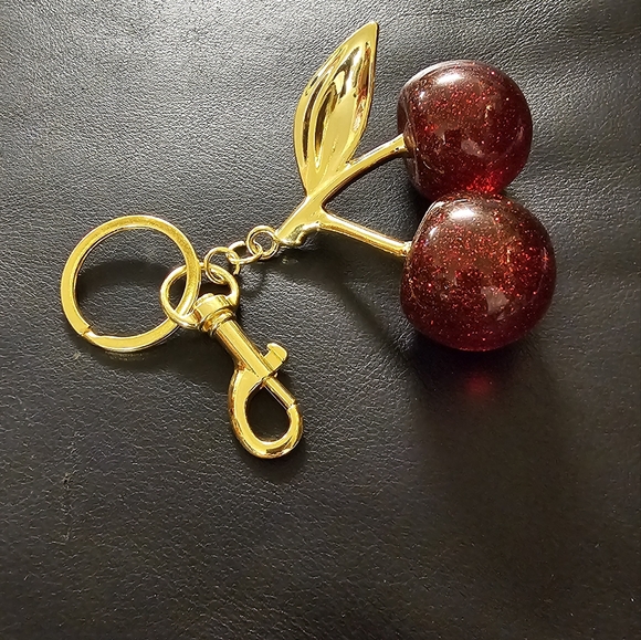 Cherry Purse Charm Keychain Goldtone with Dark Red Glitter Cherries NWOT - Picture 2 of 6
